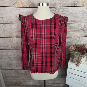 J Crew Red Tartan Plaid Ruffle Shoulder Blouse Top Womens Medium Holiday Festive